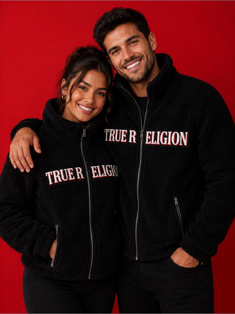 True Religion Black Sherpa Zip-Up Jacket with Red-Trim Logo